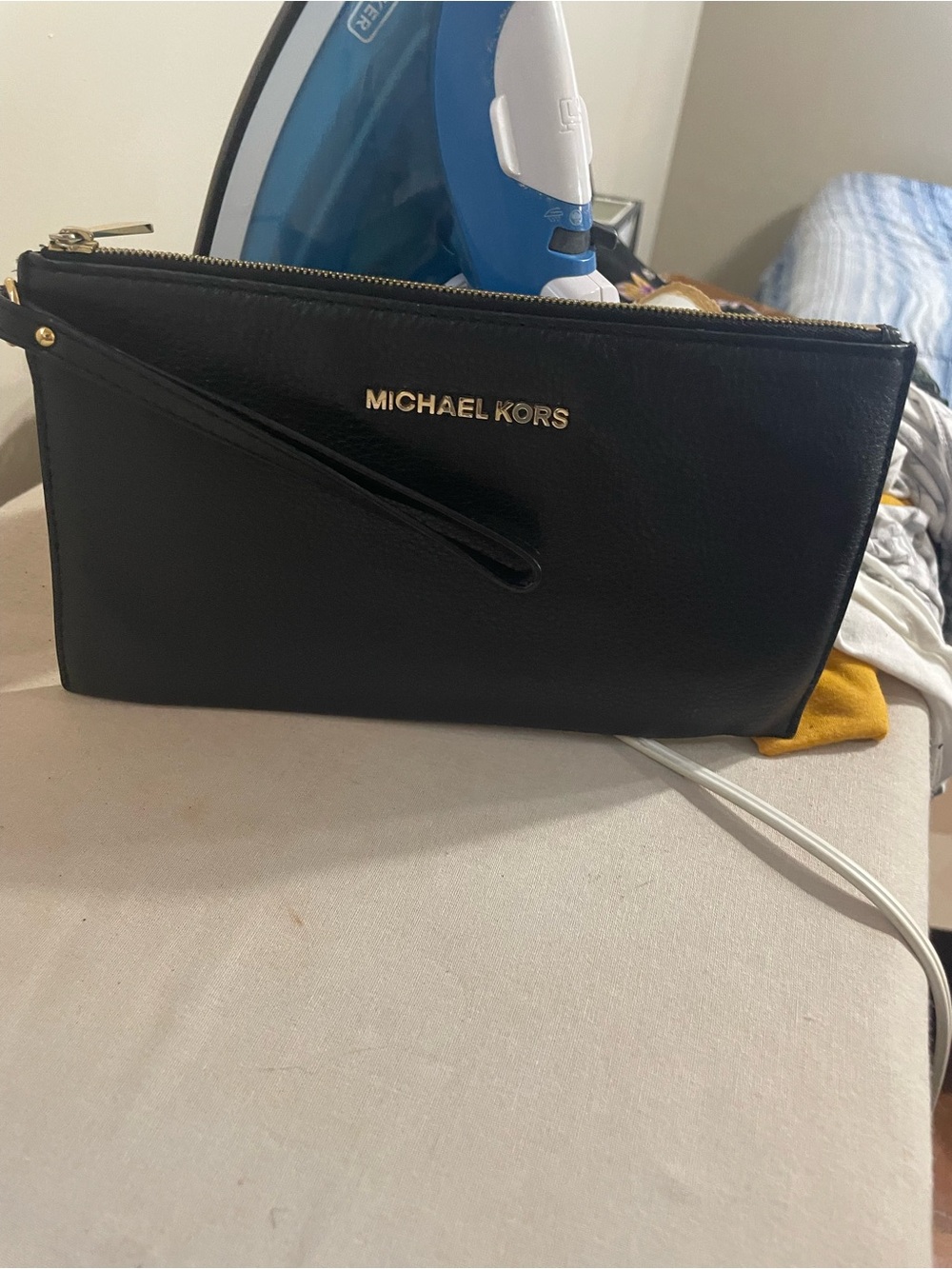 Michael Kors Black Leather Wristlet with Gold Logo